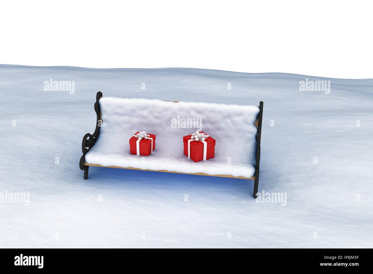 Digitally generated image of gift boxes on snow covered chair Stock Photo