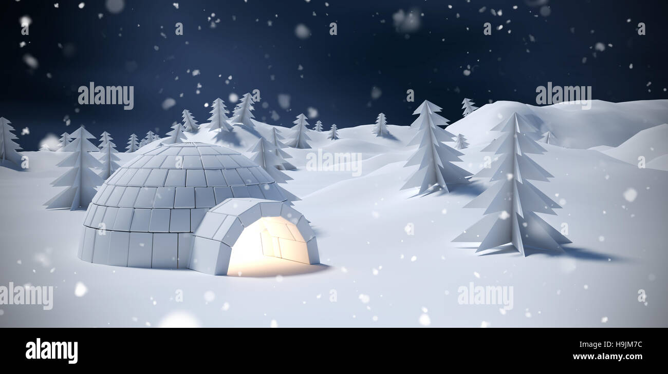 Composite image of igloo and trees on snow field Stock Photo