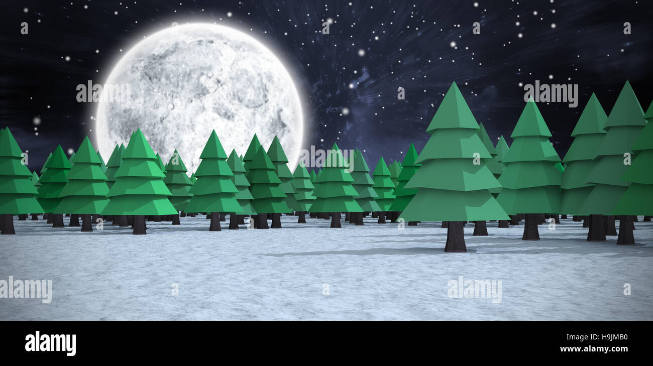 Composite image of green christmas trees on snowy field at forest Stock Photo