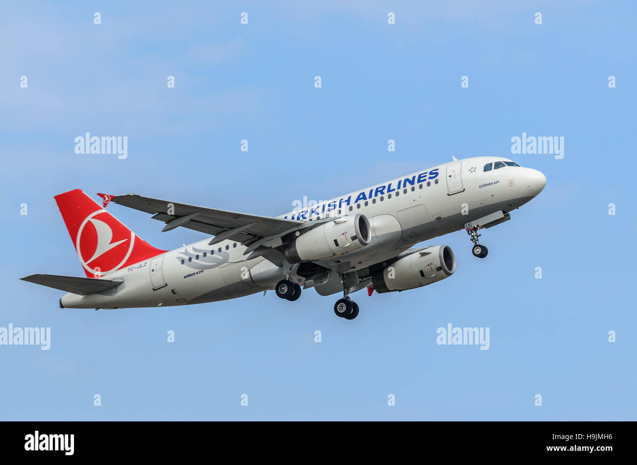 Turkish Airlines Airbus A319 taking off, Riga International Airport. Turkish Airlines is set to  launch a route to Istanbul. Stock Photo