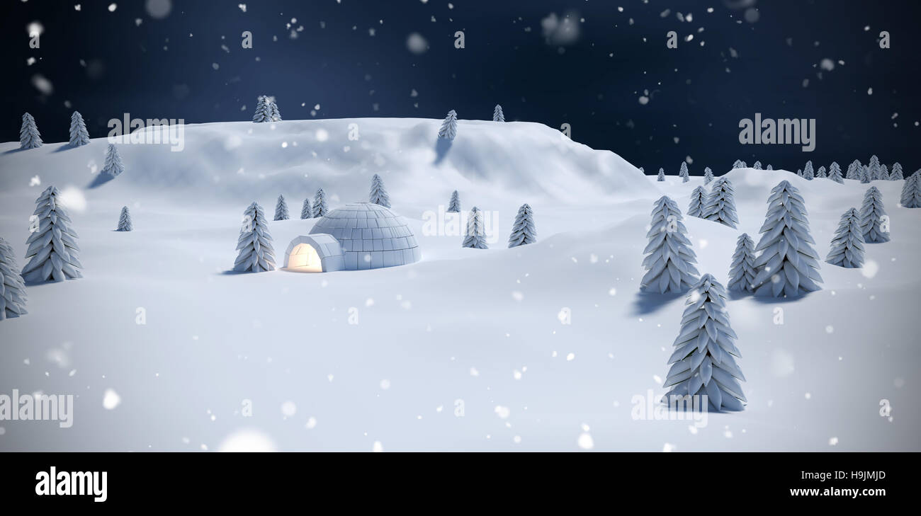 Composite image of illuminated igloo with trees on snow field Stock Photo