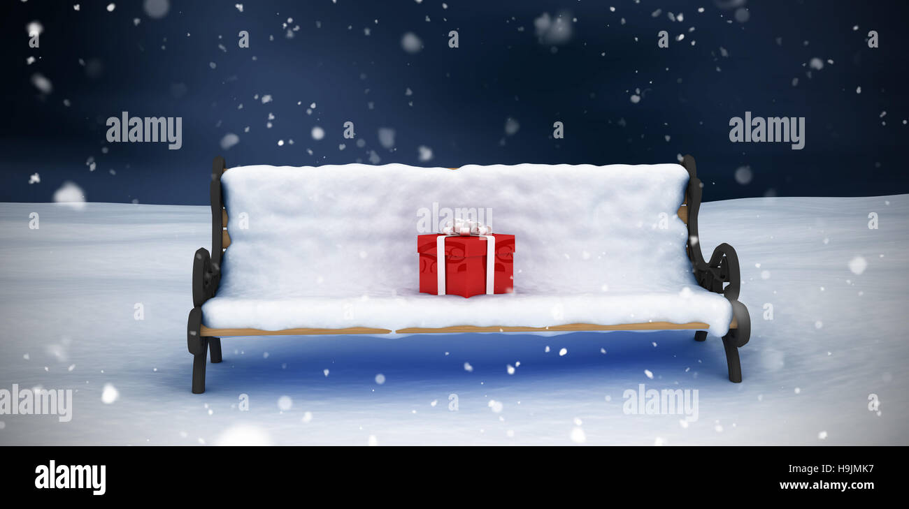 Composite image of digital image of gift box on park bench Stock Photo
