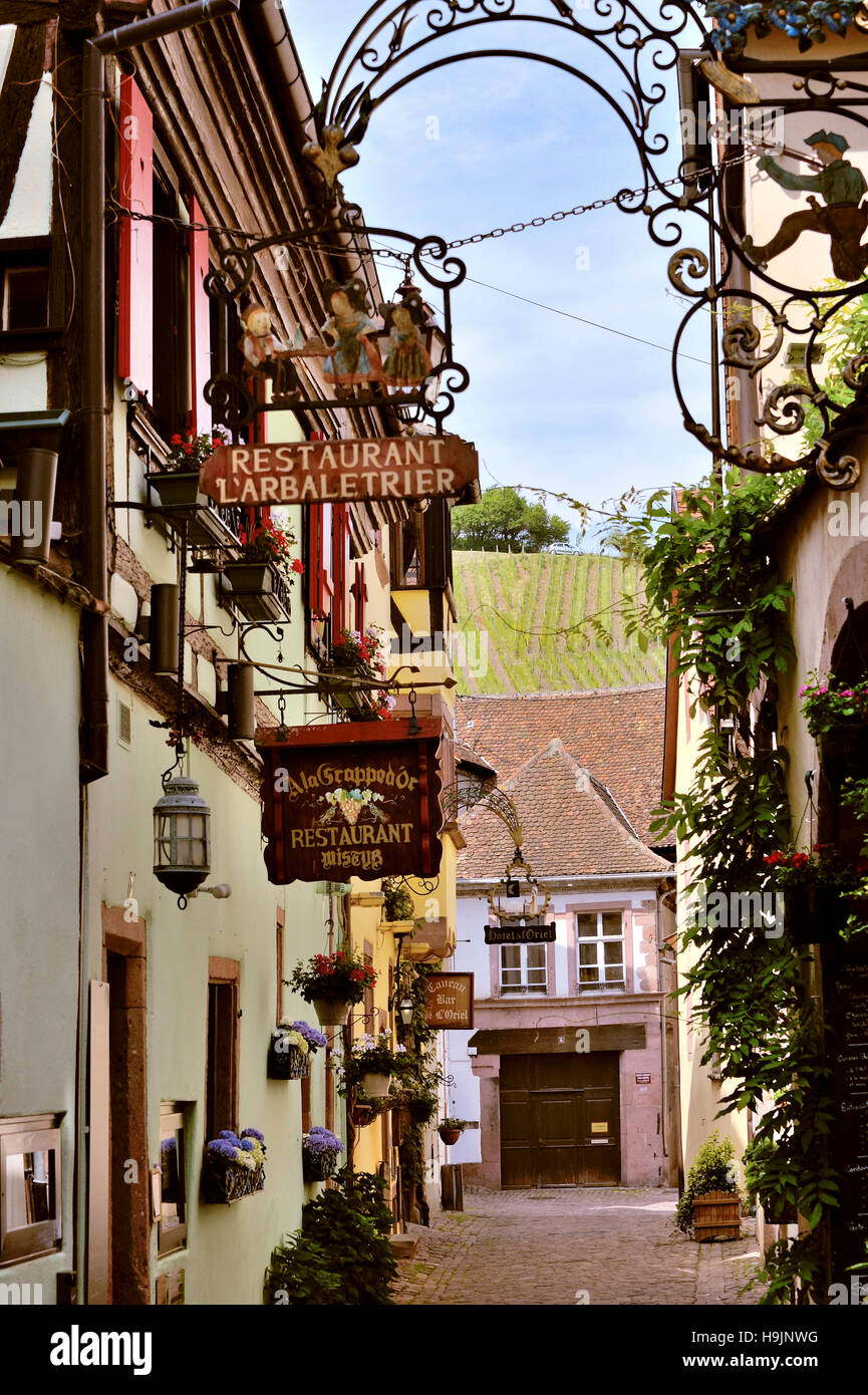 Old picturesque village Riquewihr, village of wine, member of most beautiful villages of France, eastern France, border to Germany, commune of departm Stock Photo