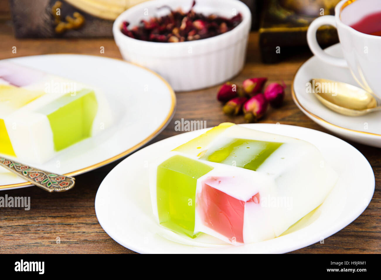 Diet Dessert Fruit Jelly, Gelatin and Tea. Studio Photo Stock Photo