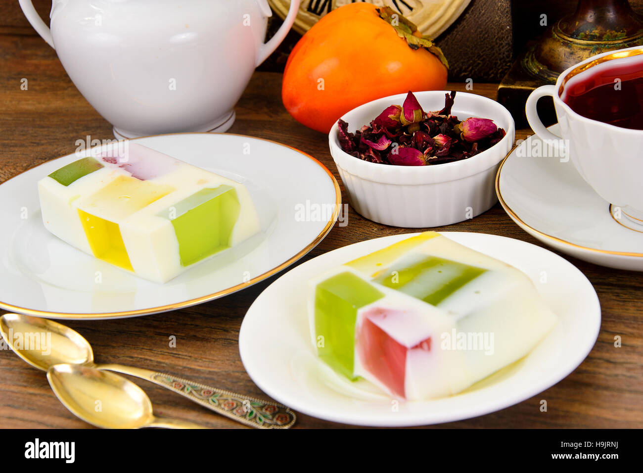 Diet Dessert Fruit Jelly, Gelatin and Tea. Studio Photo Stock Photo