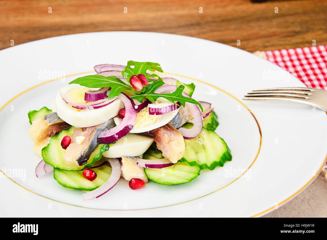 Dietary Food Salad with Herring, Cucumber, Egg and Onion Stock Photo