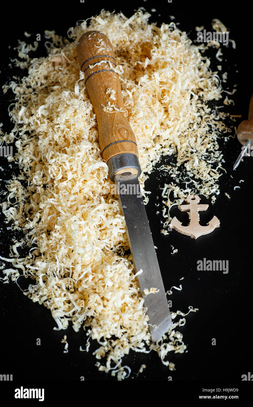 Woodworking tools. Chisel with sawdust Stock Photo Alamy