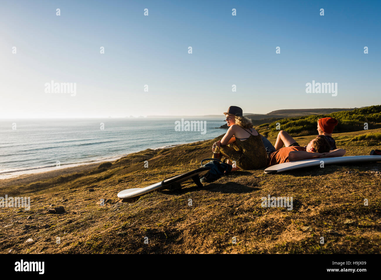 Three friends with surfboards relaxing at seaside Stock Photo