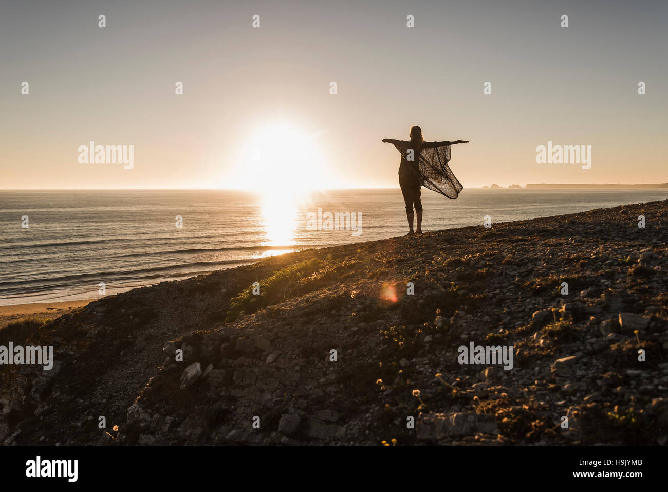 Back view of happy teenage girl with arms outstretched standing on hill at sunset looking to the sea Stock Photo