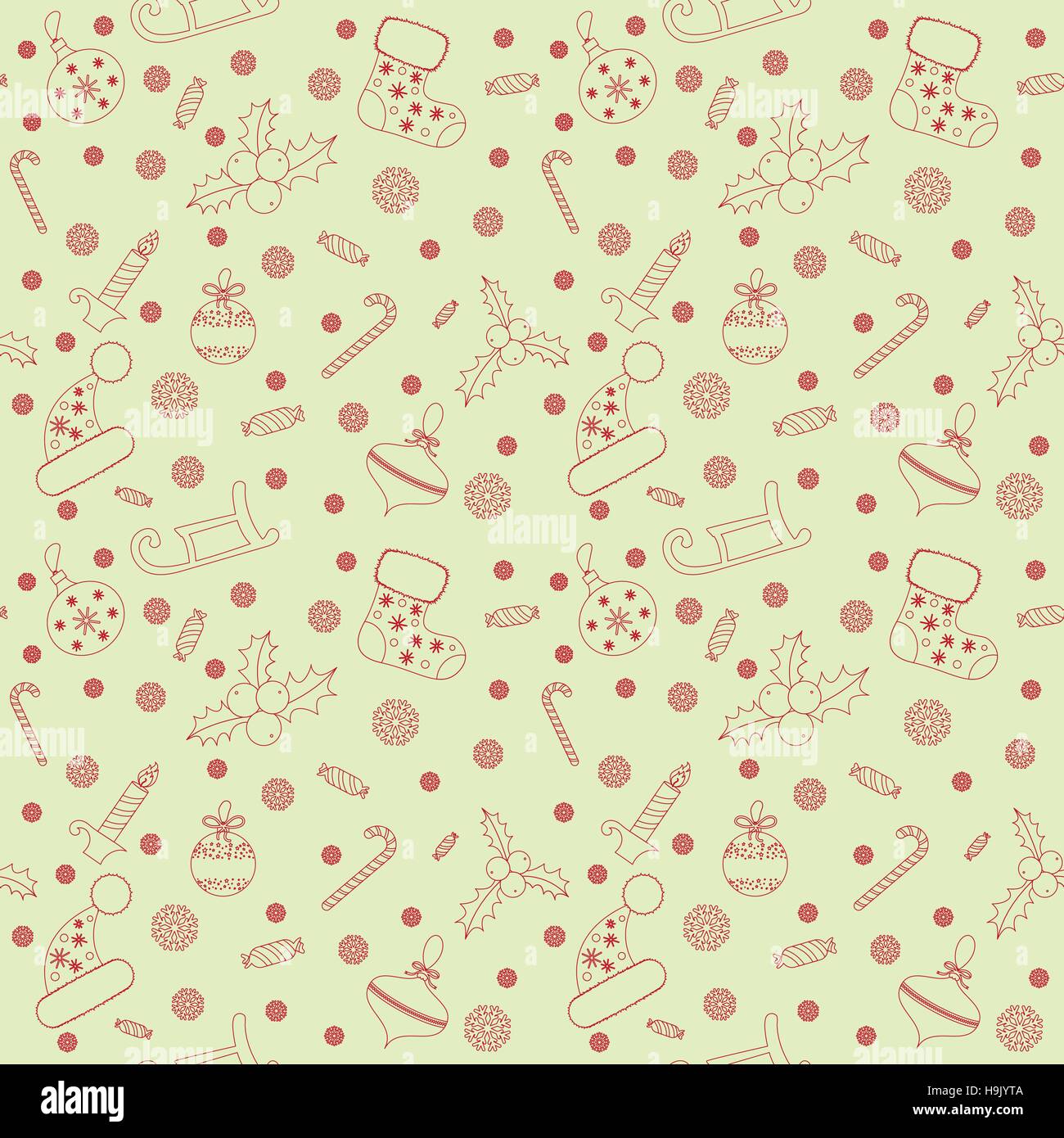 Christmas seamless pattern with balls, snowflakes, holly berry. Stock Vector
