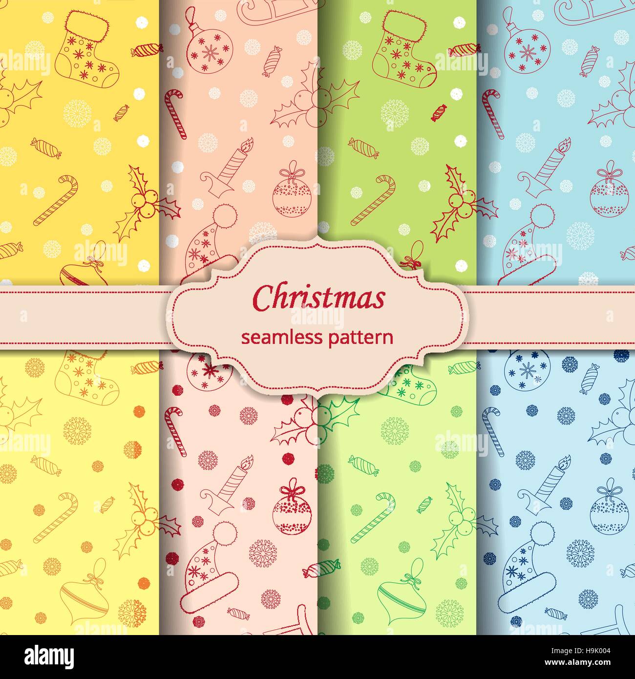 Christmas seamless pattern with balls, snowflakes, holly berry. Stock Vector