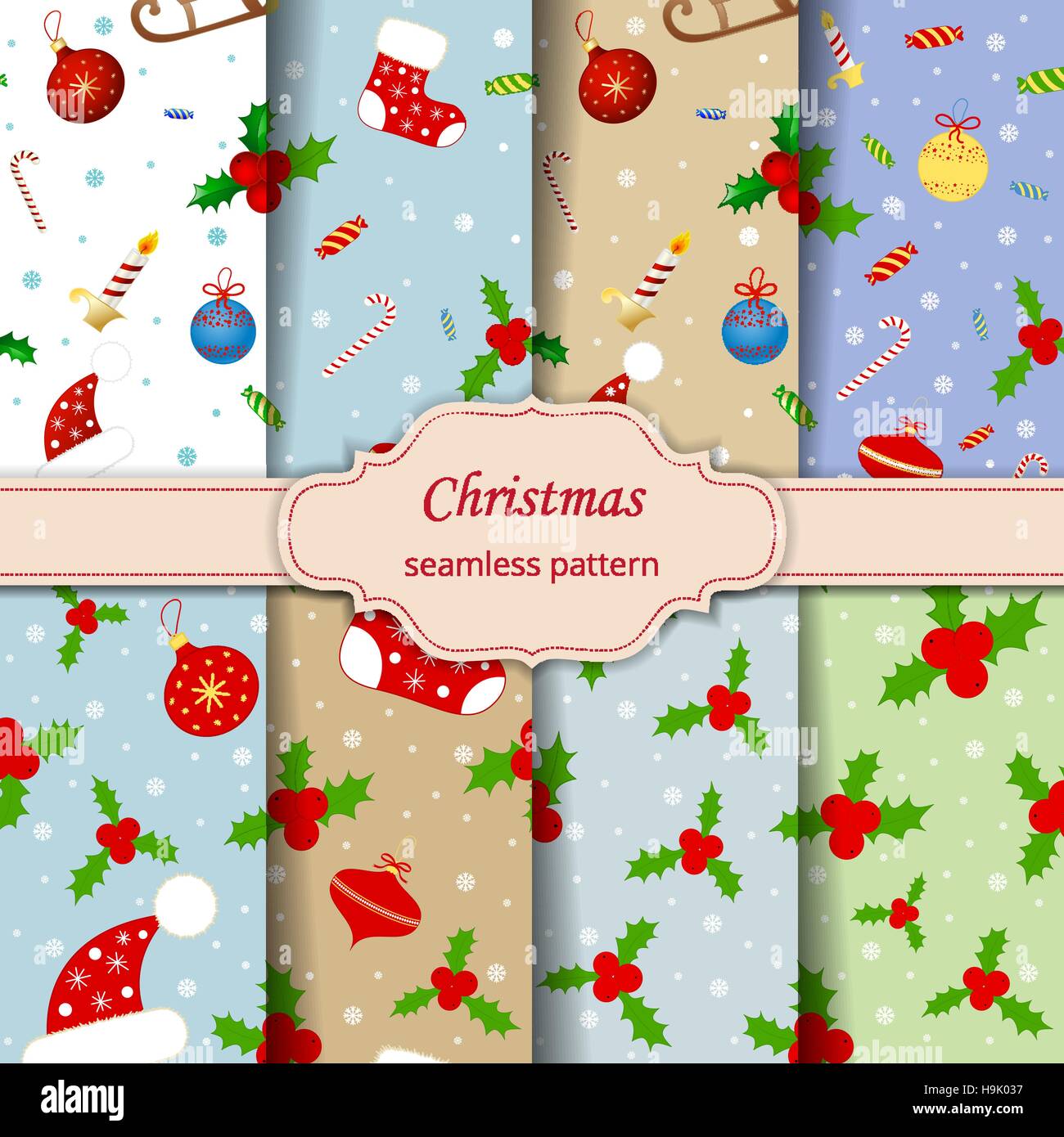 Christmas seamless pattern with balls, snowflakes, holly berry. Stock Vector