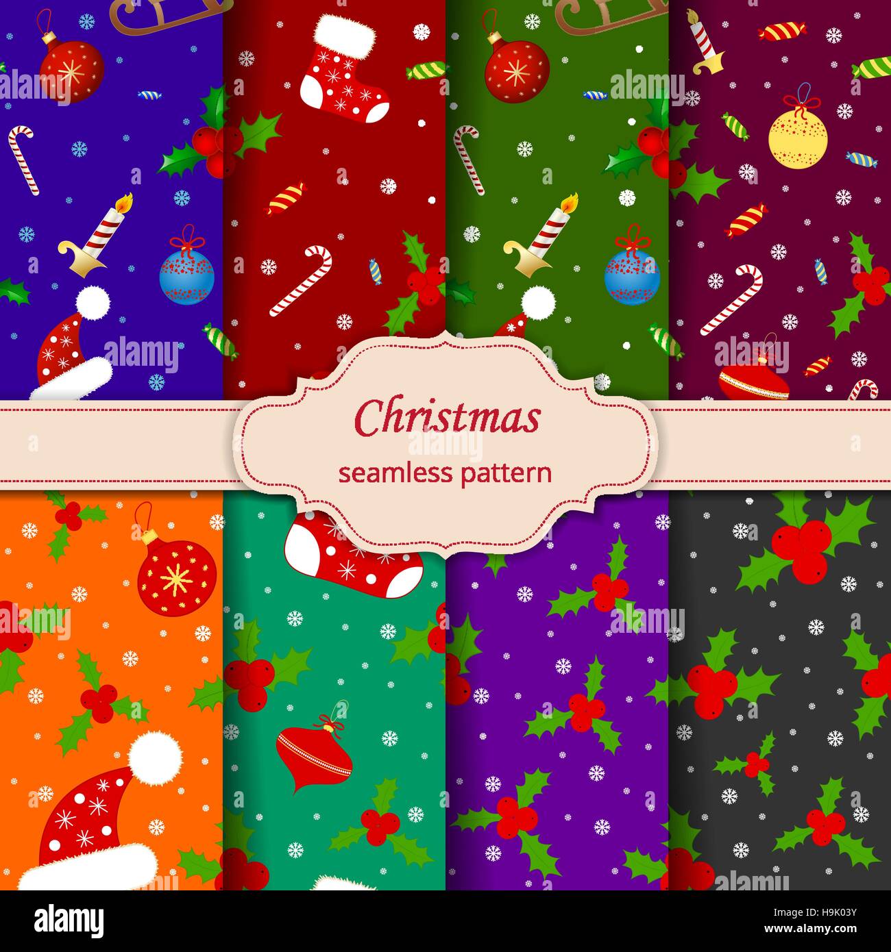 Christmas seamless pattern with balls, snowflakes, holly berry. Stock Vector