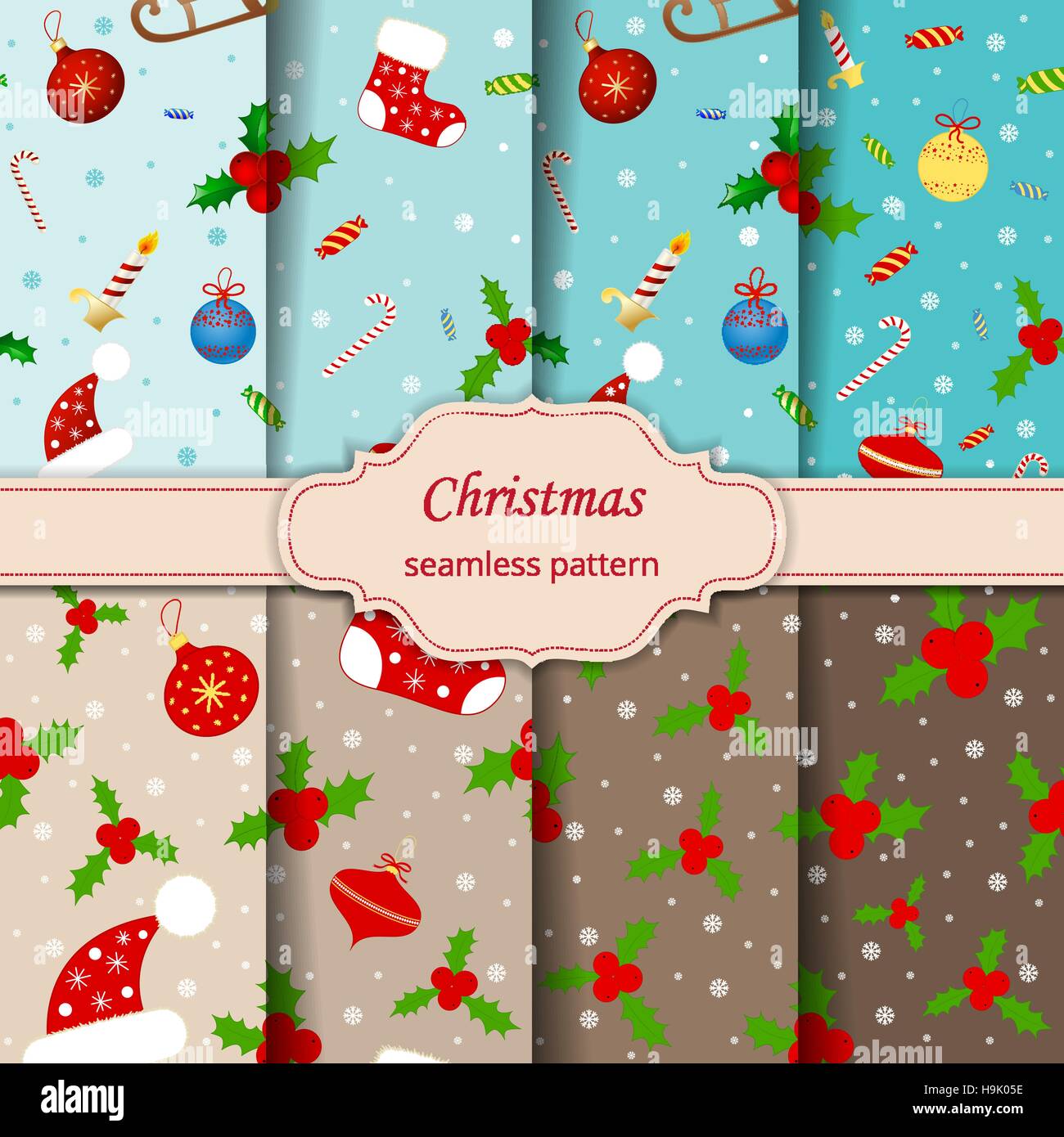 Christmas seamless pattern with balls, snowflakes, holly berry. Stock Vector