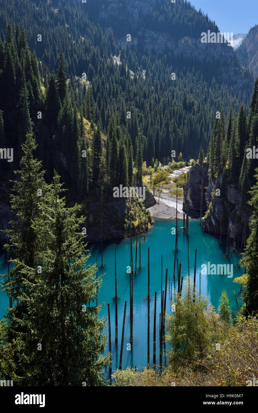 Kaindy river from Kungey Alatau mountain range at turquoise Kaindy Lake Kazakhstan Stock Photo