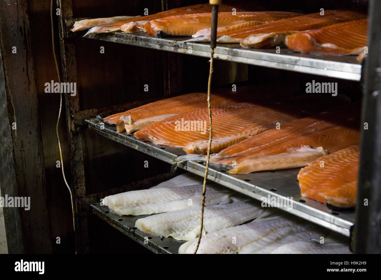 Salmon and other fish getting cured in smoke house Stock Photo Alamy