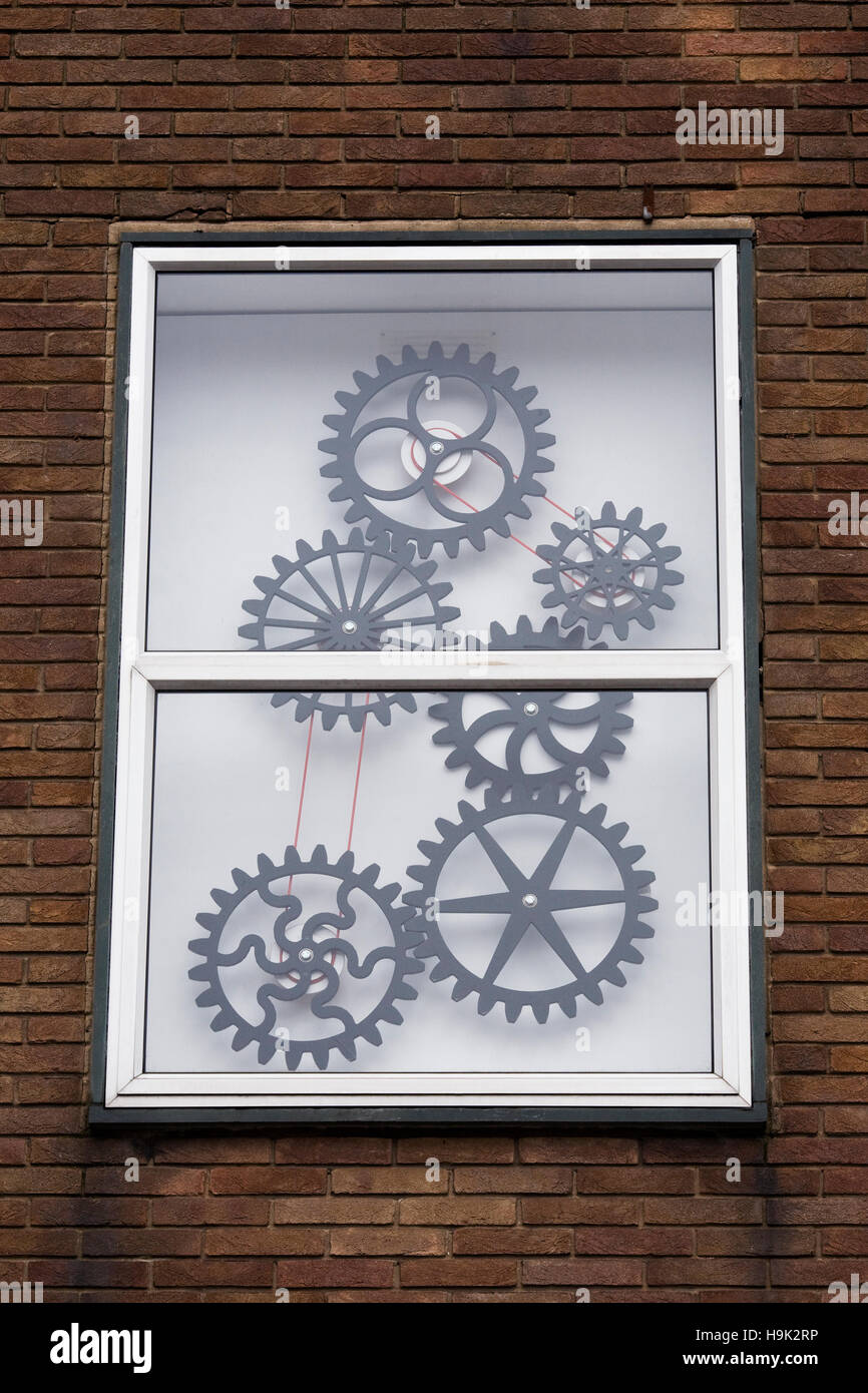 Window at mechanical art & design museum Stratford upon Avon. Stock Photo