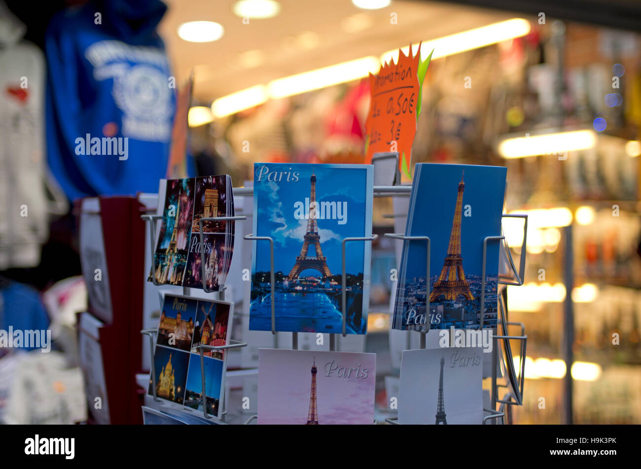 Postcards for sale at a Paris souvenir shop Stock Photo