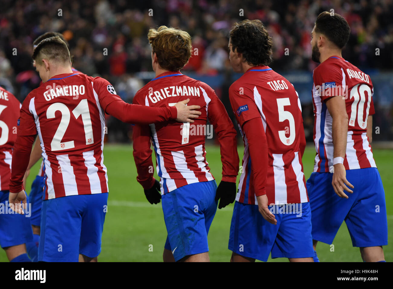 Madrid, Spain. 23rd Nov, 2016. Atletico's Gamerio, (left), Griezmann, Tiago and Carrasco pictured during their UEFA Champions League match with PSV Eindhoven (Netherlands) at Vicente Calderón stadium. Atletico de Madrid beat PSV (2-0) in the Champions League Group D match played at the Vicente Calderón in Madrid. Credit: Jorge Sanz/Pacific Press/Alamy Live News Stock Photo