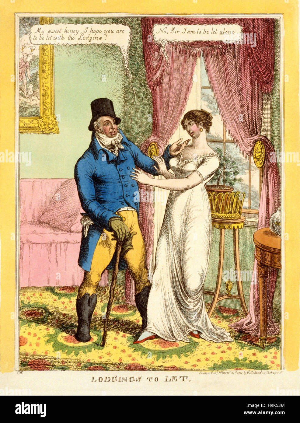 Double entendre, Lodgings to Let, 1814 engraving featuring a double entendre. He: "My sweet honey, I hope you are to be let with the Lodgins!" She: "No, sir, I am to be let alone". Stock Photo