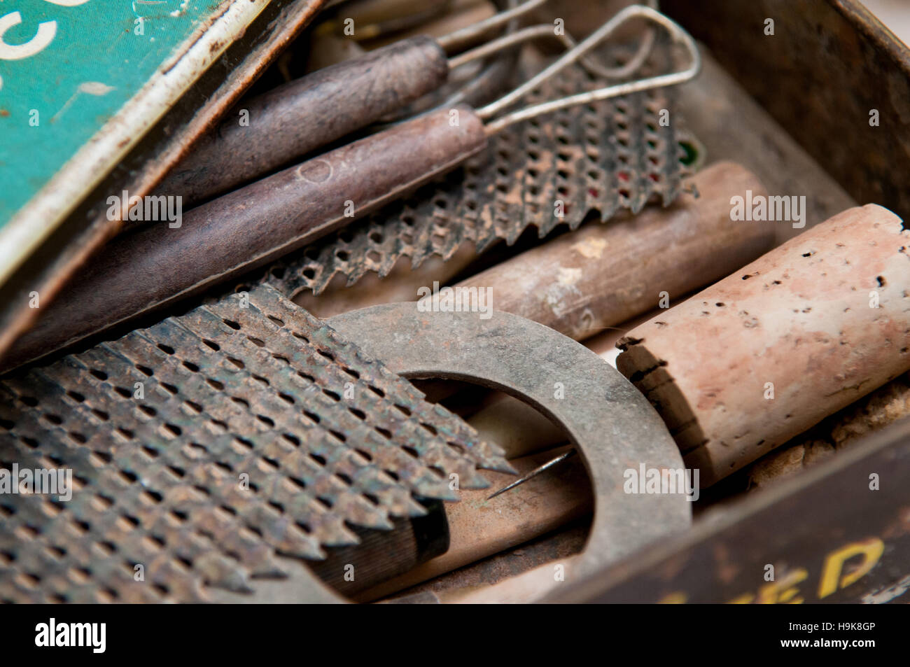 Vintage tools in an antique tool box Stock Photo