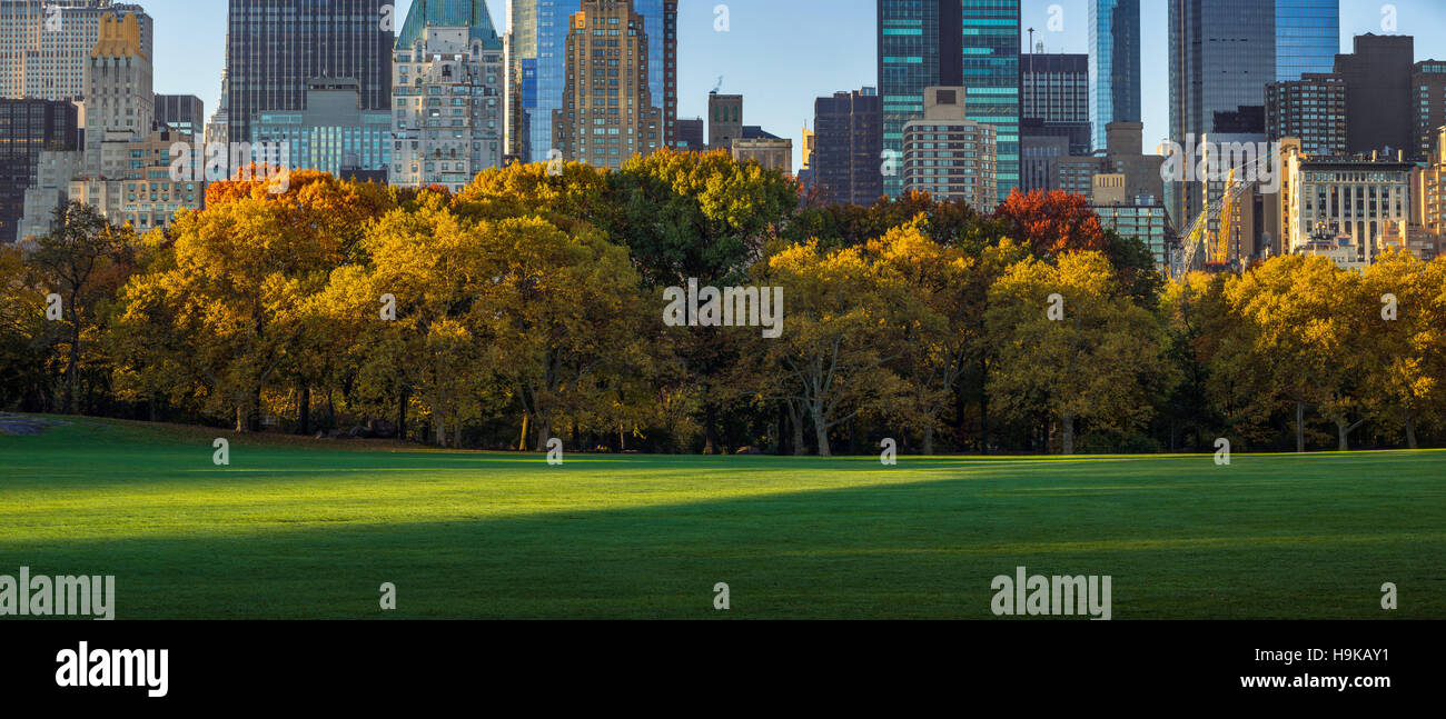 Central Park Sheep Meadow with full Autumn colors. Midtown Manhattan skyscrapers in early morning light. New York City Stock Photo