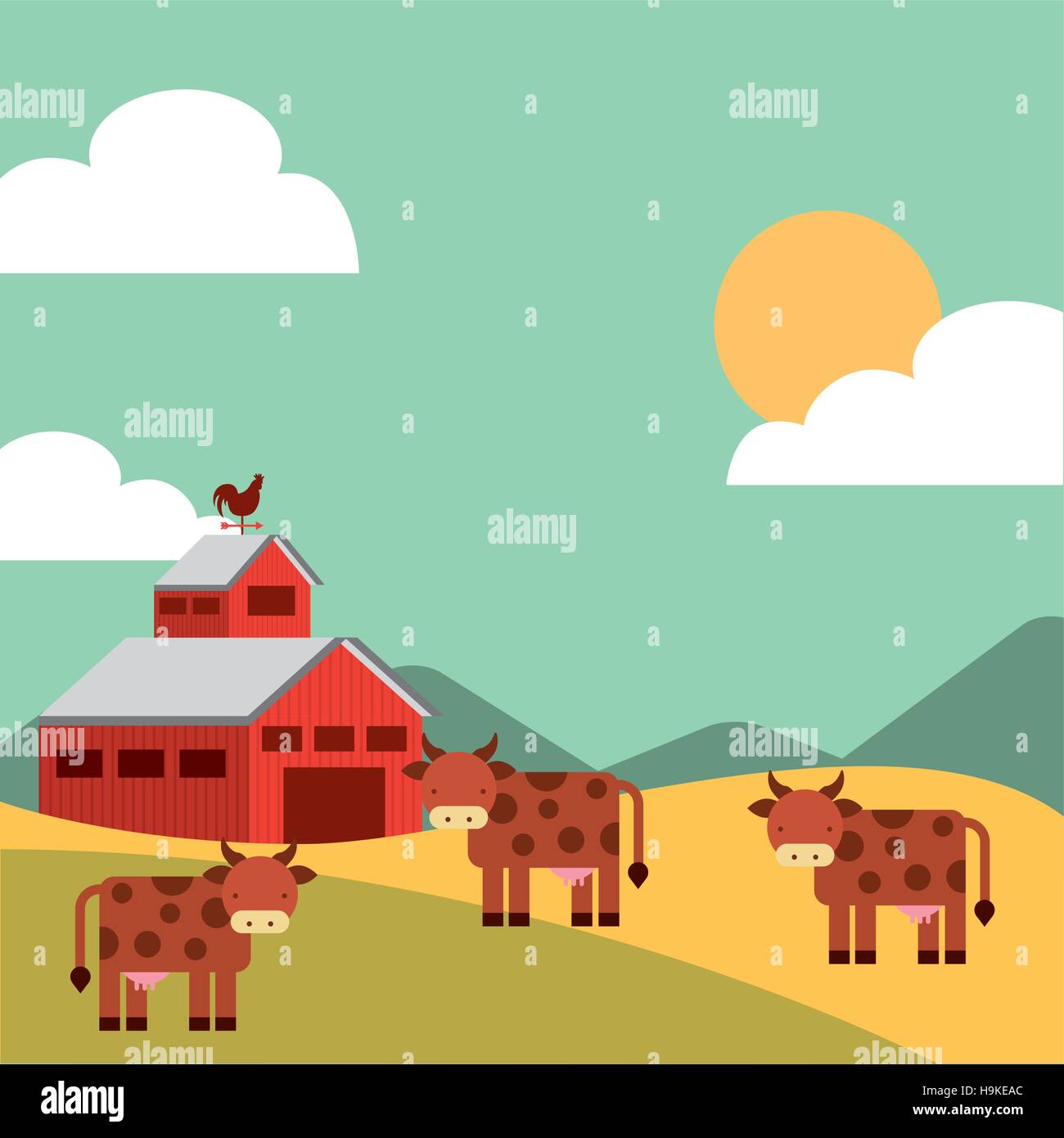 red barn and cows on farm landscape. colorful design. vector ...