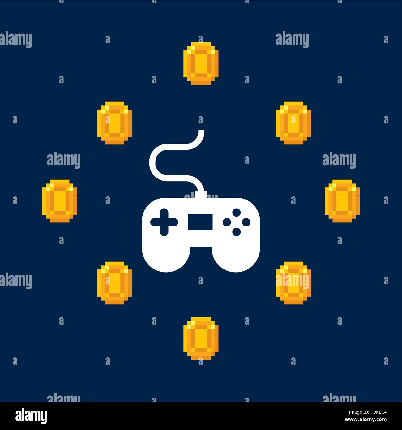 video game control with pixel gold coins around over blue background ...
