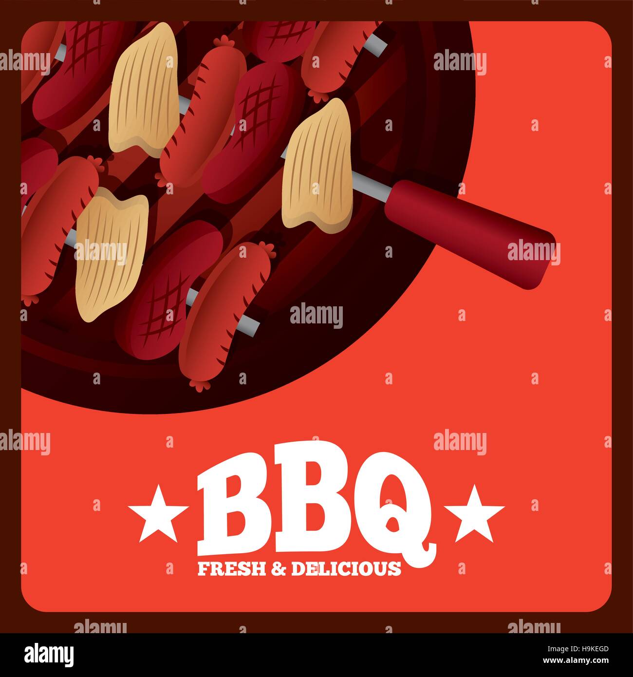 bbq with meat and sausage grilled over red background. Colorful design