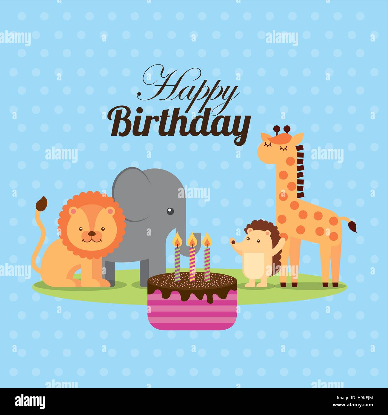 happy birthday card with cute animals and cake with candles over ...