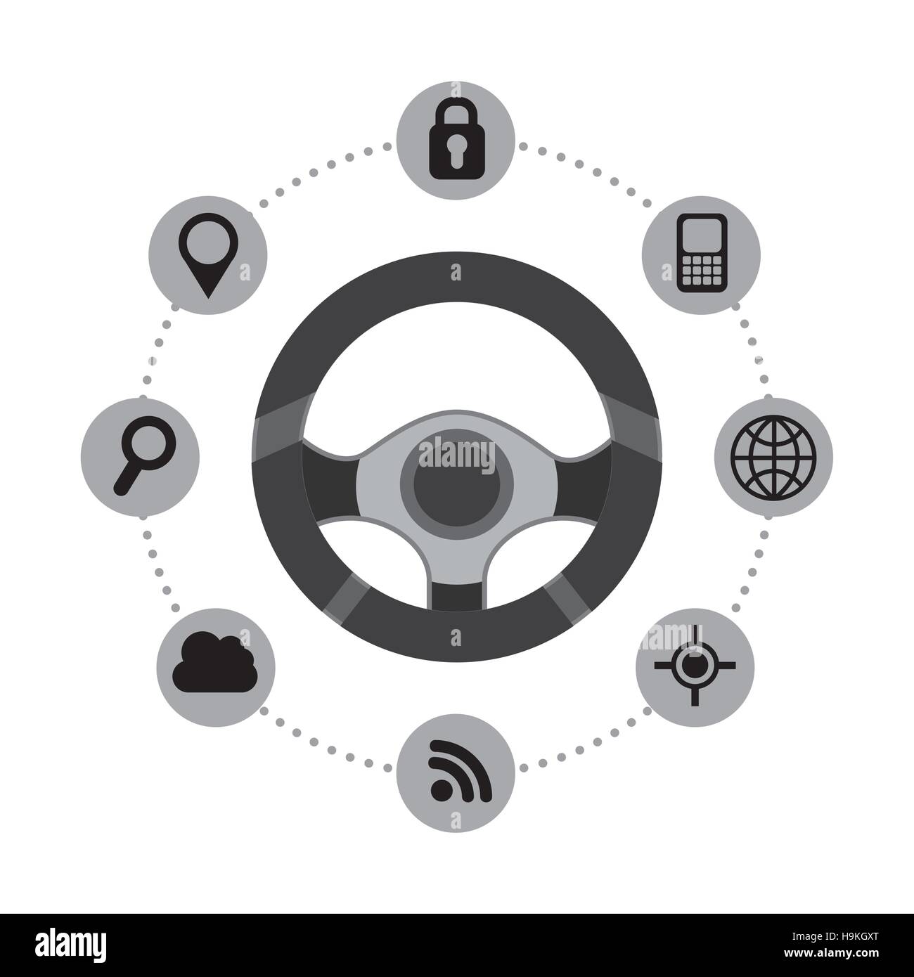 steering wheel with navigation and techonology icons around over white