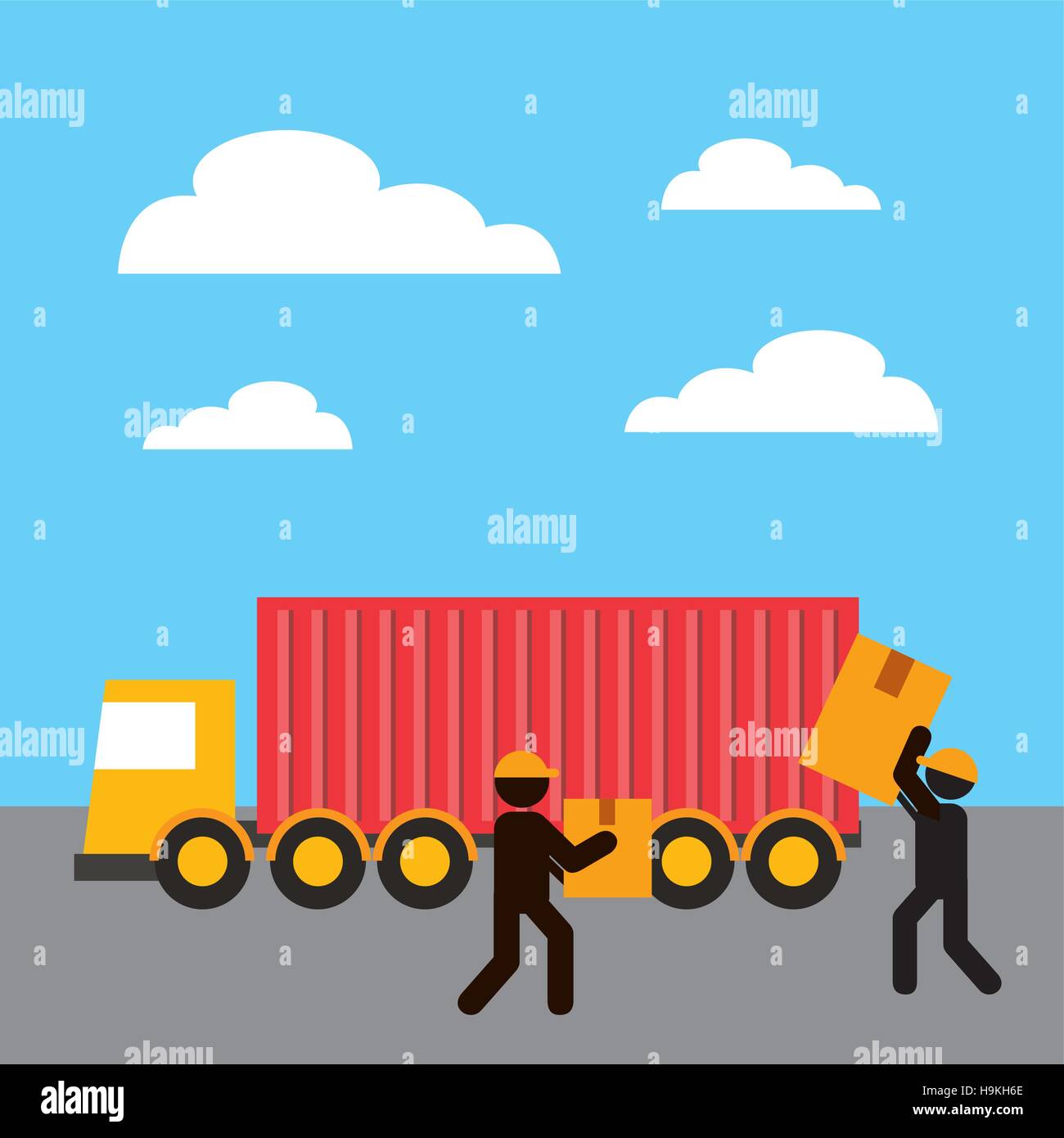 cargo truck with workers holding a carton boxes. export and import ...