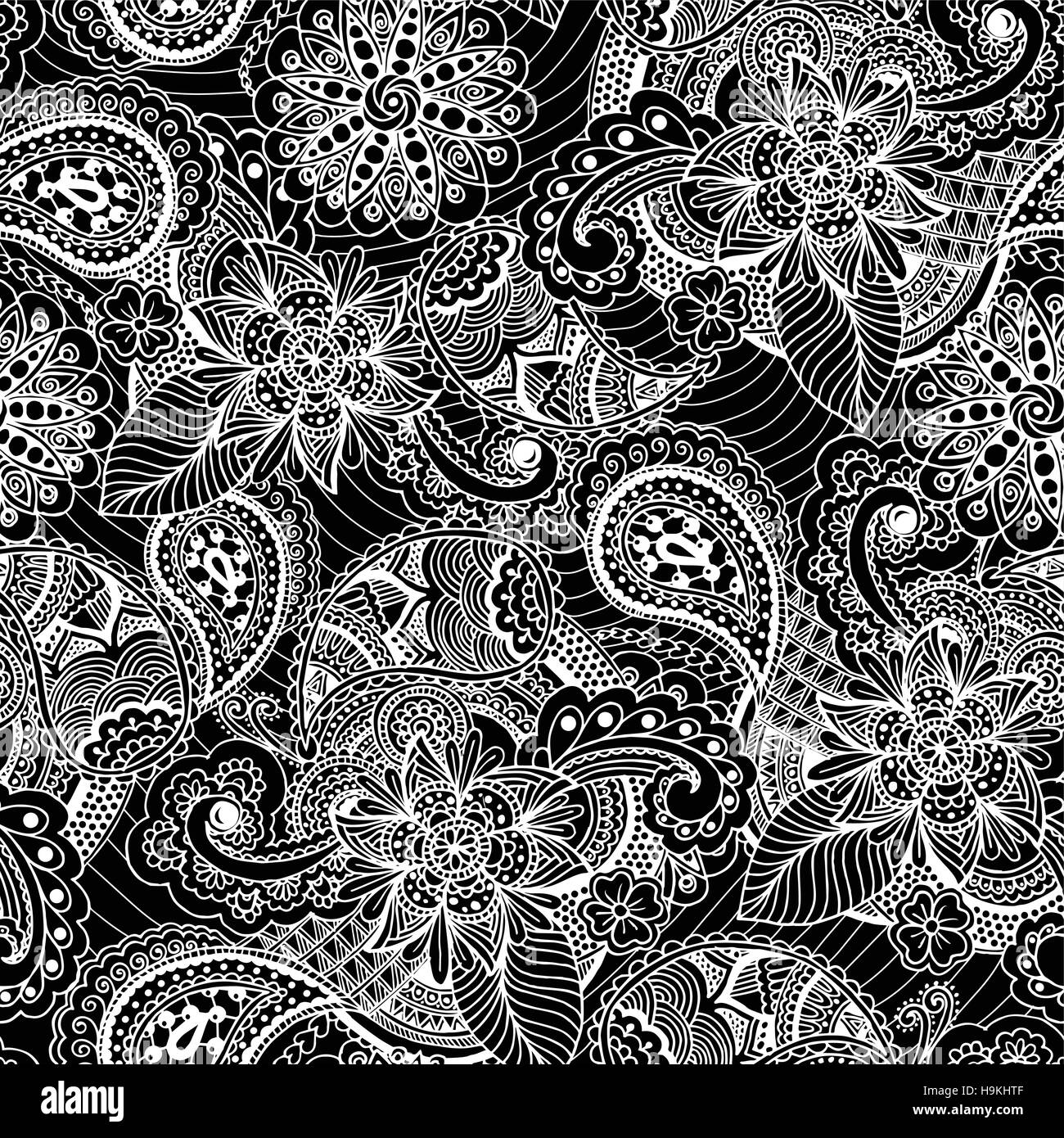 Seamless vintage freehand drawing pattern. Handwritten white ornament