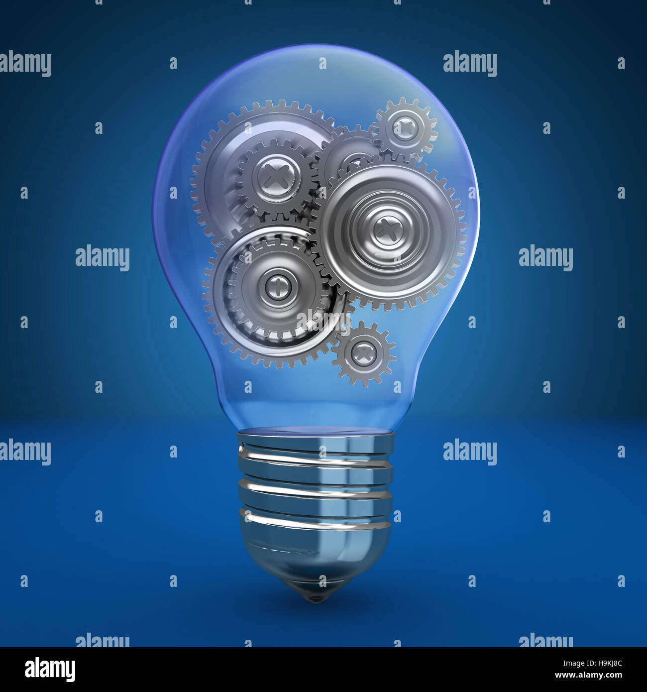 3d illustration of light bulb with gear wheels inside, over blue background Stock Photo