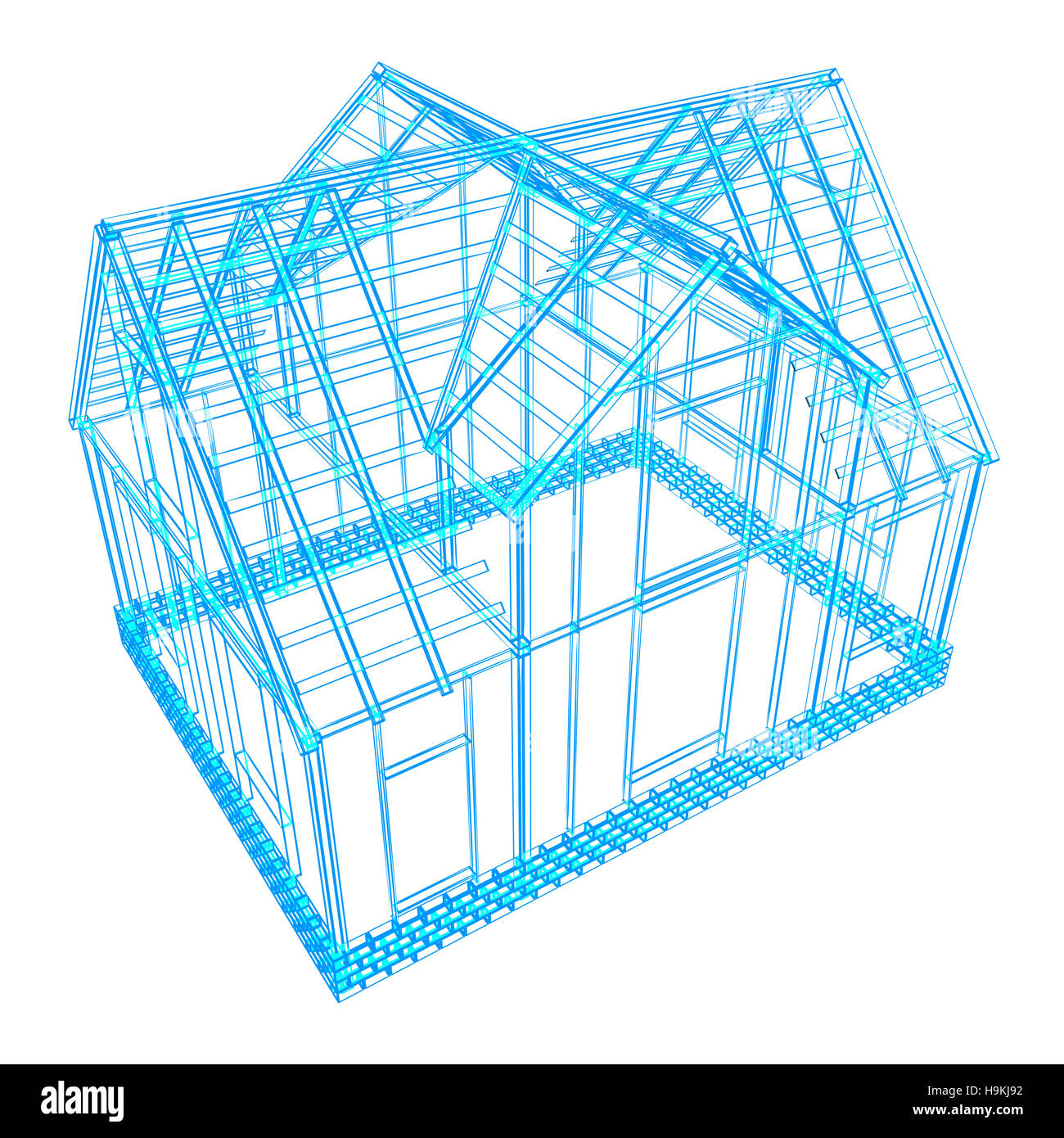 3d illustration of house frame wireframe model over white background