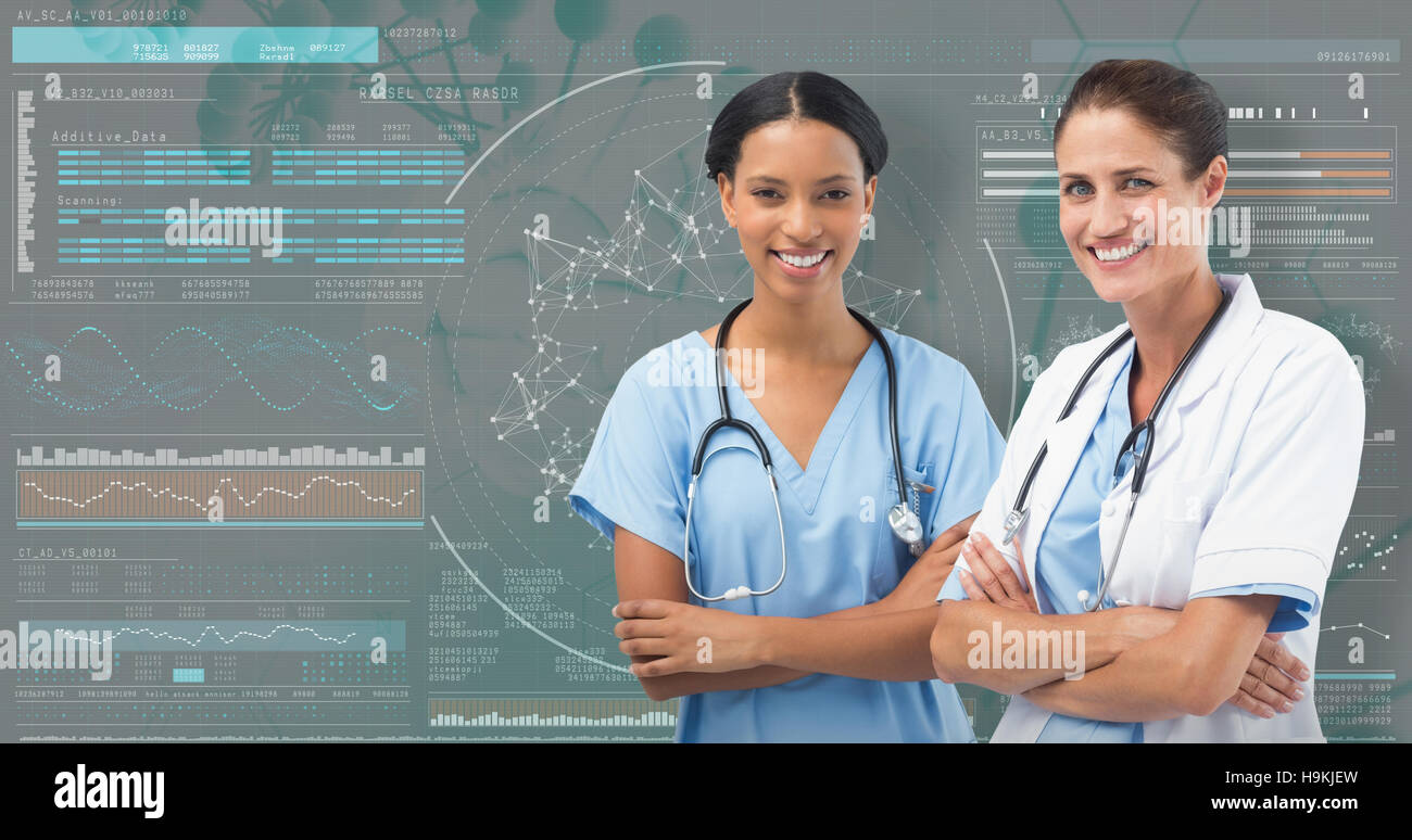3D Composite image of portrait of smiling female doctors standing arms crossed Stock Photo