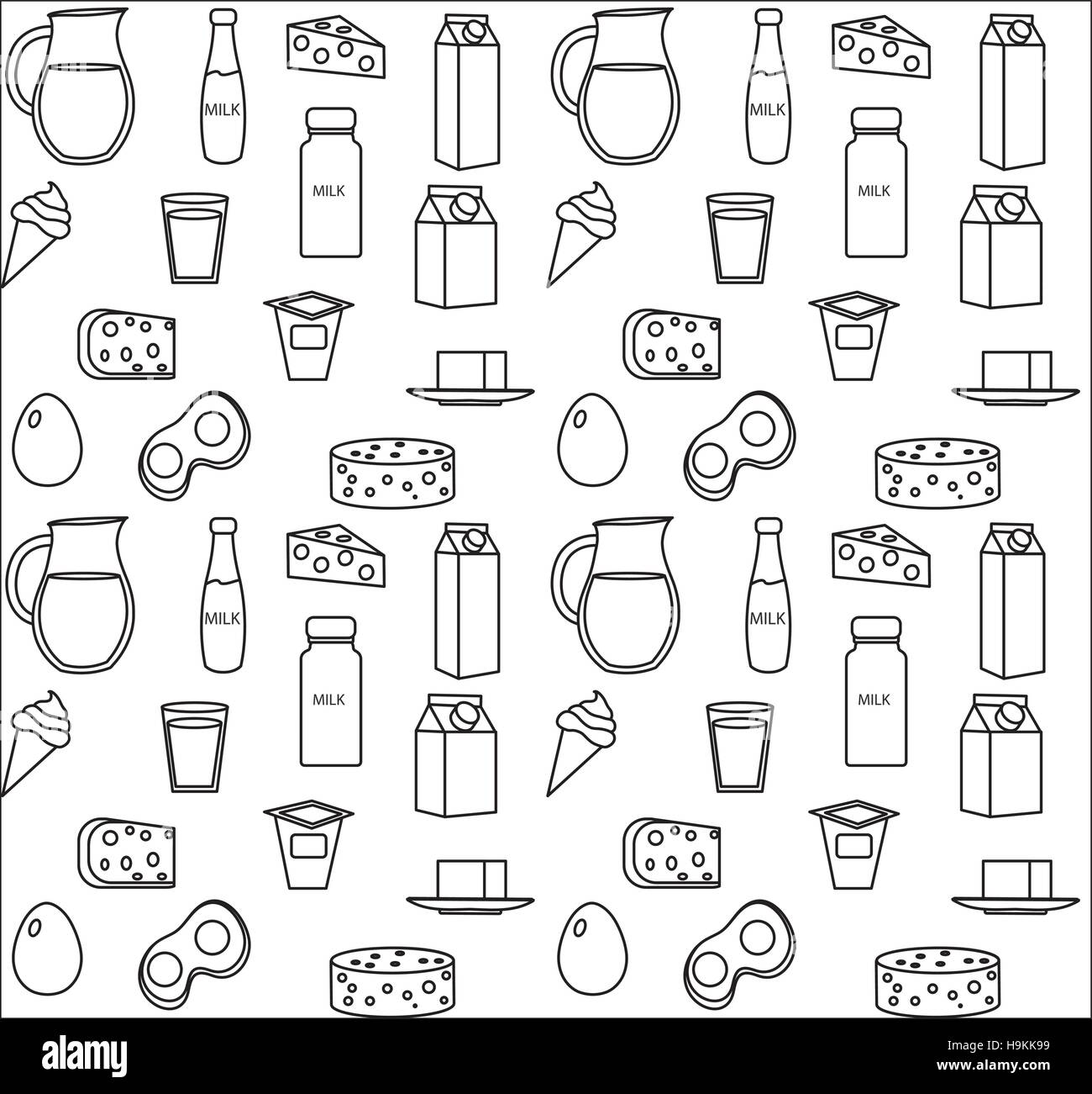 Dairy product seamless pattern. Modern, line, outline style. Milk products background.  and Cheese texture. Farm Foods endless backdrop. Vector illustration Stock Vector