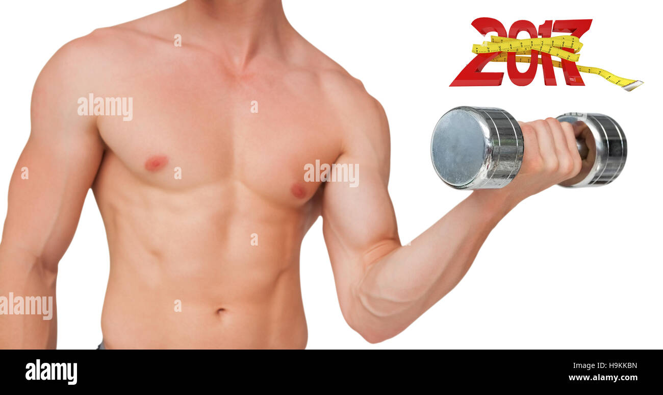 3D Composite image of fit shirtless man lifting dumbbell Stock Photo