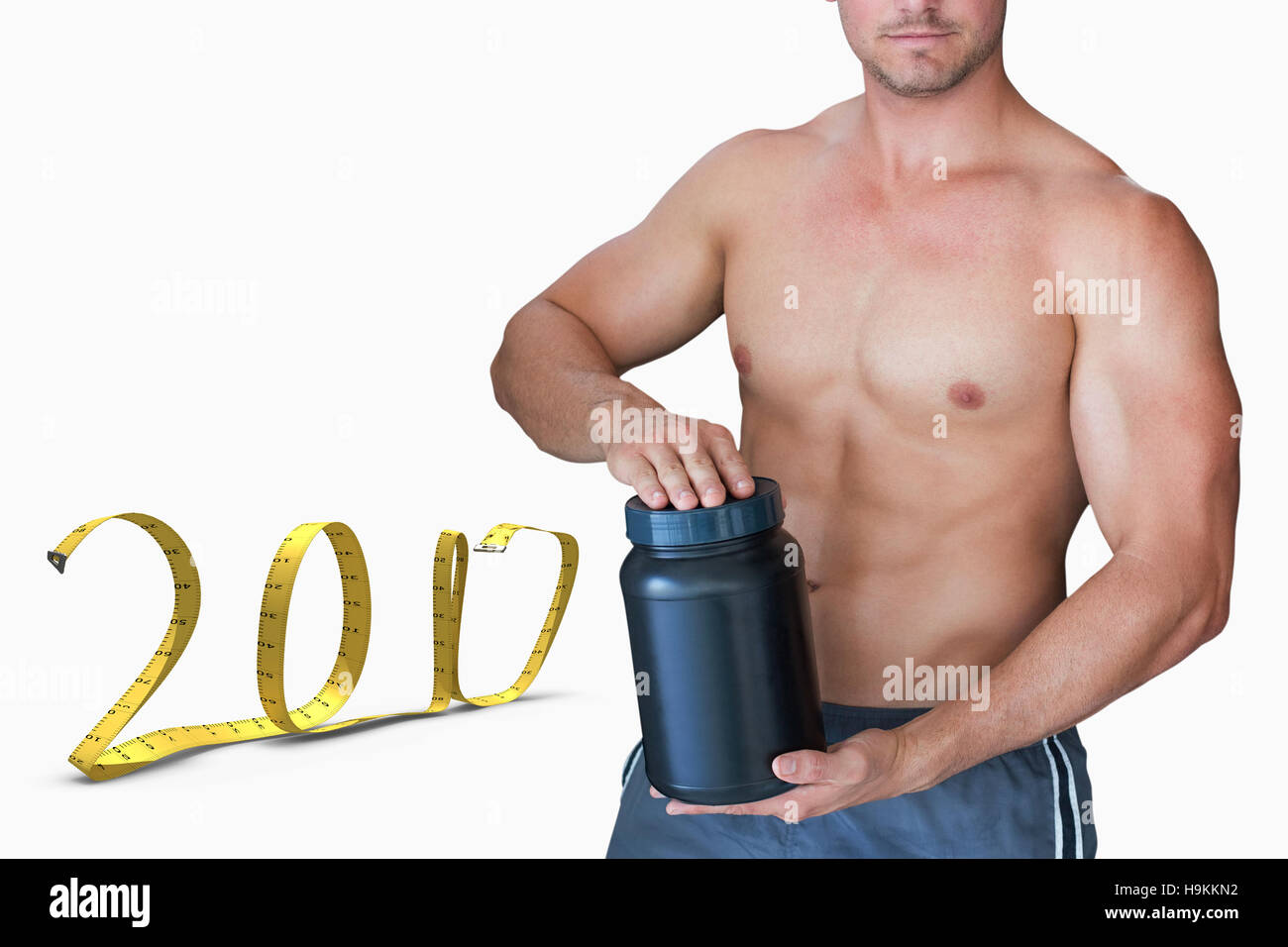 3D Composite image of portrait of shirtless man holding bottle Stock Photo
