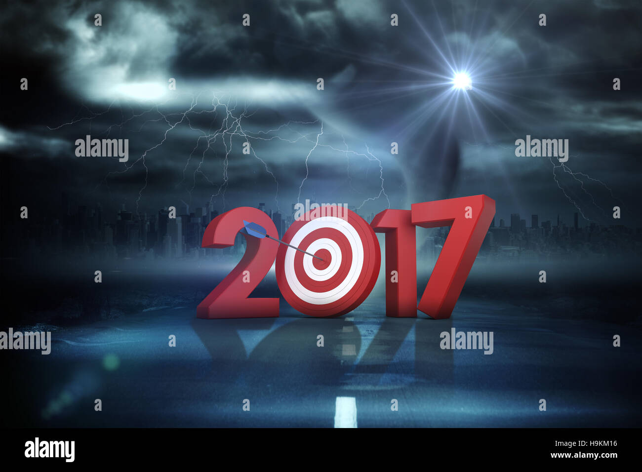 Composite image of 3D numbers with bulls eye arrow Stock Photo