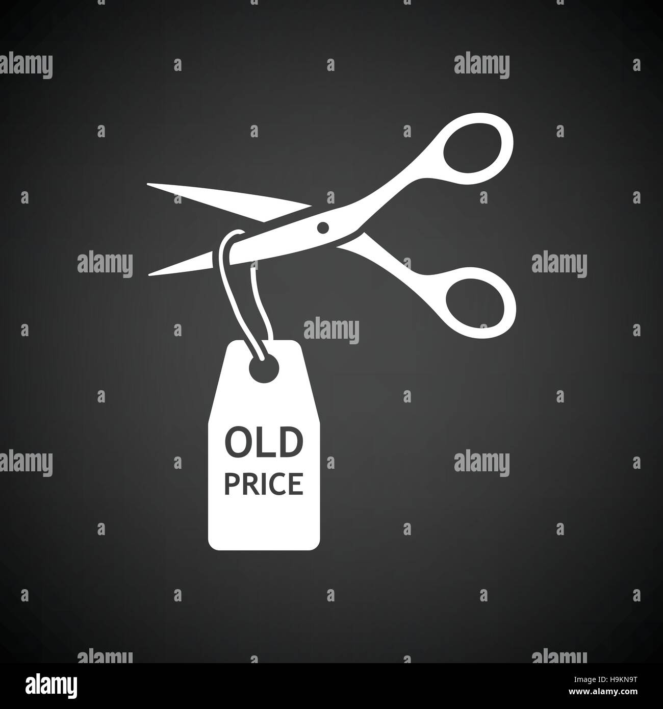 Scissors cut old price tag icon. Black background with white. Vector