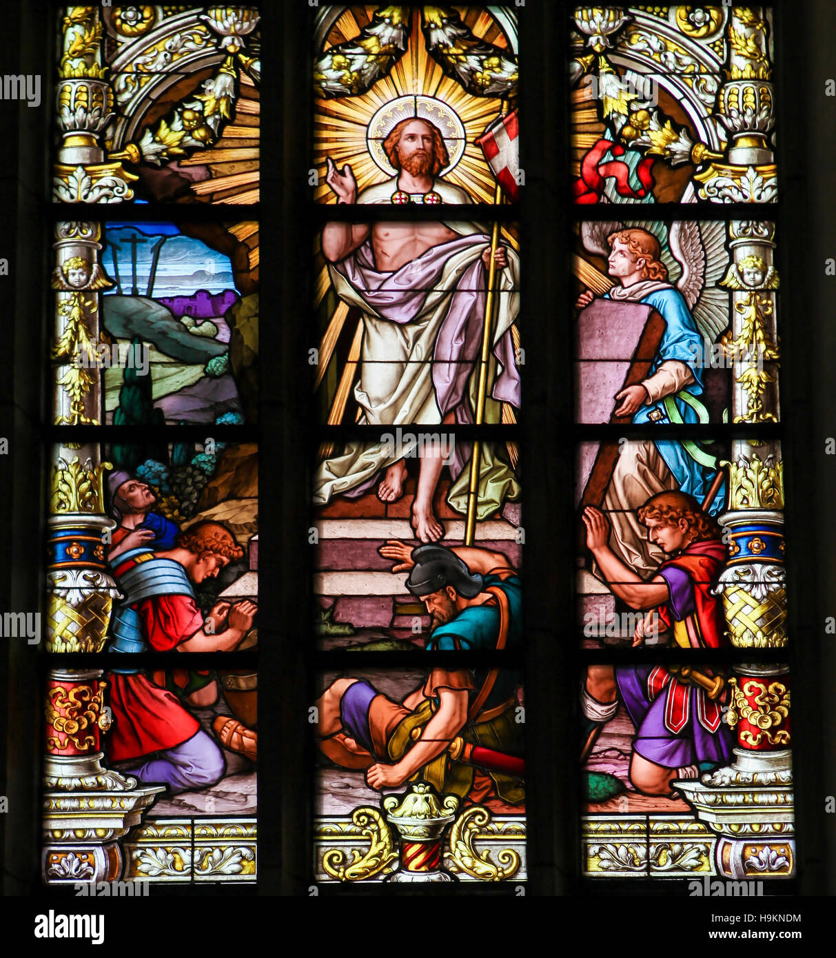 Resurrection of Jesus Christ from the grave, stained glass window in Saint James' church of Stockholm. Stock Photo