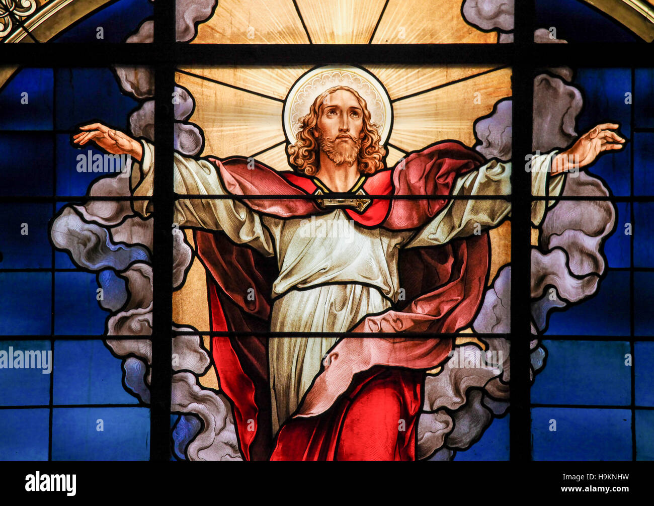 Stained glass window in the German Church in Stockholm Sweden, depicting the Ascension of Christ. Stock Photo