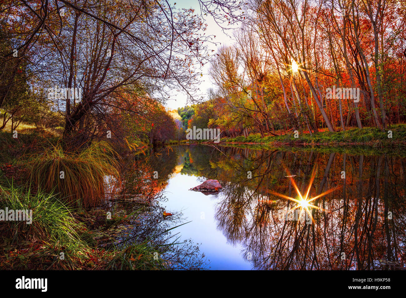 Sunrise and fall colors over the East Verde River near Payson, Arizona. Stock Photo