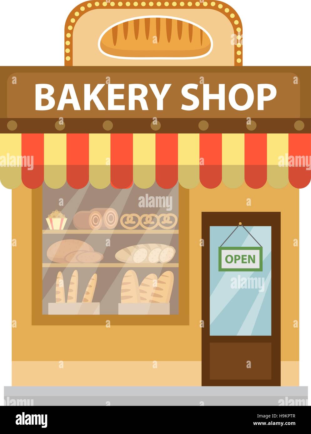 Bakery shop. Baking store building icon. Bread flat style. Showcases