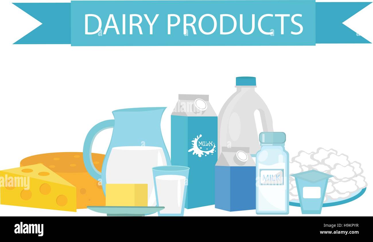 Milk products still-life. Flat style. Dairy  isolated on white background.  and cheese. Farm . Vector illustration Stock Vector