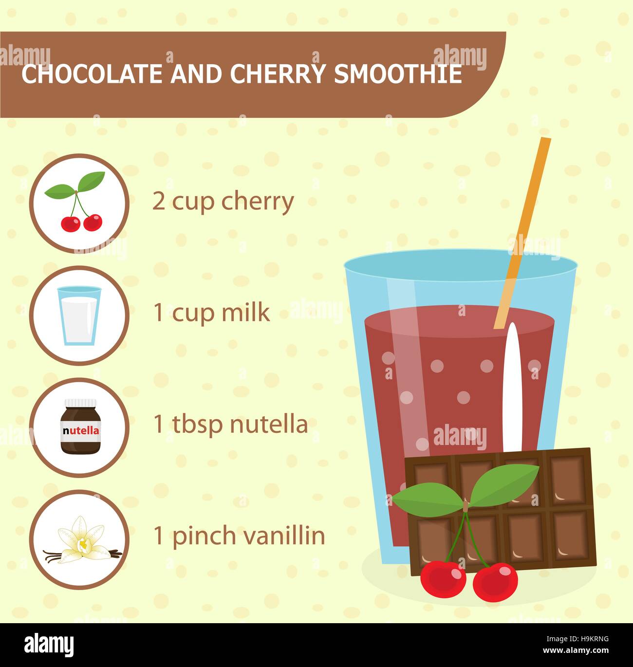Chocolate and cherry smoothie recipe with ingredients. Detox . Organic