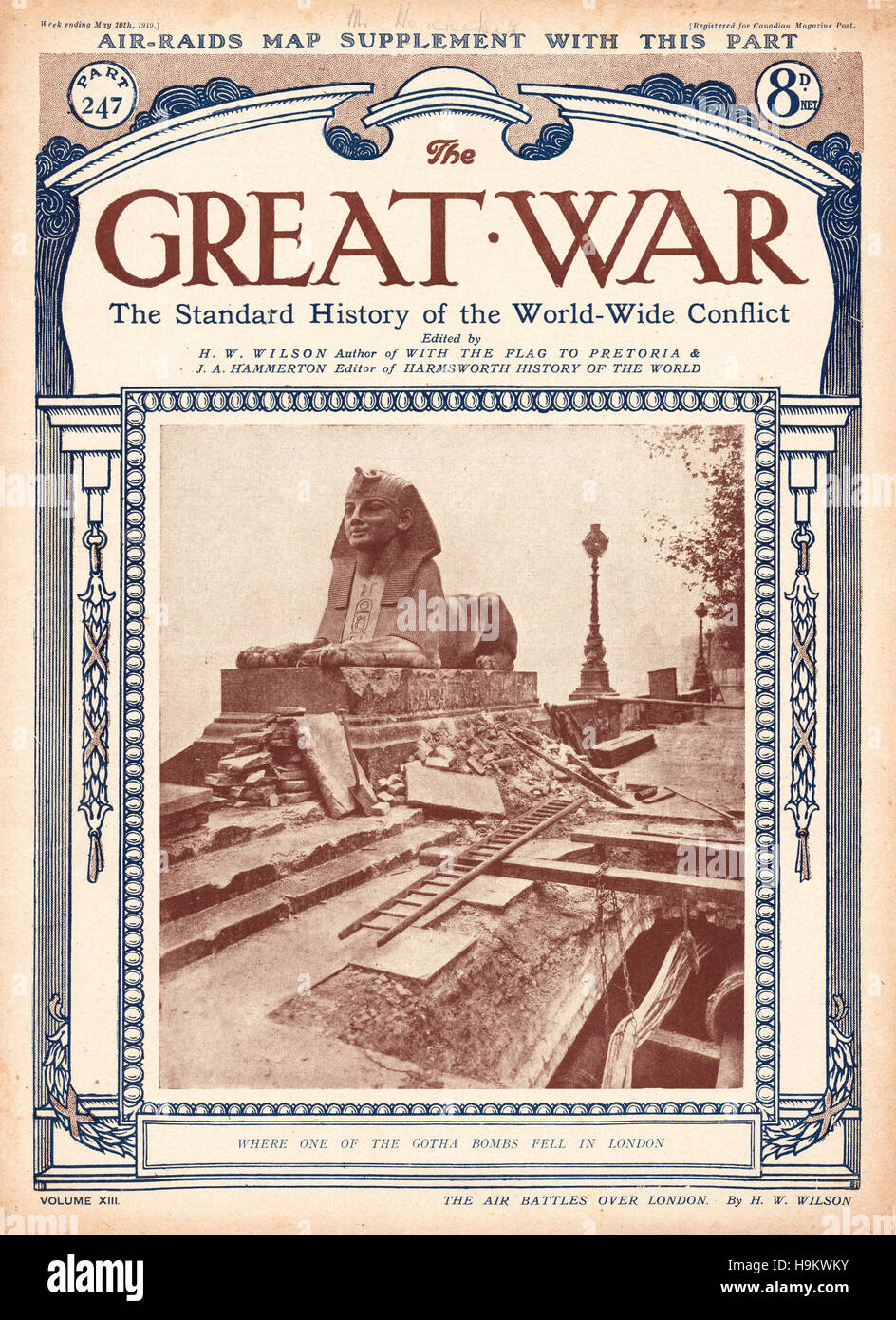1919 The Great War front page Damage to the London Sphinx after Gotha bombing raid Stock Photo