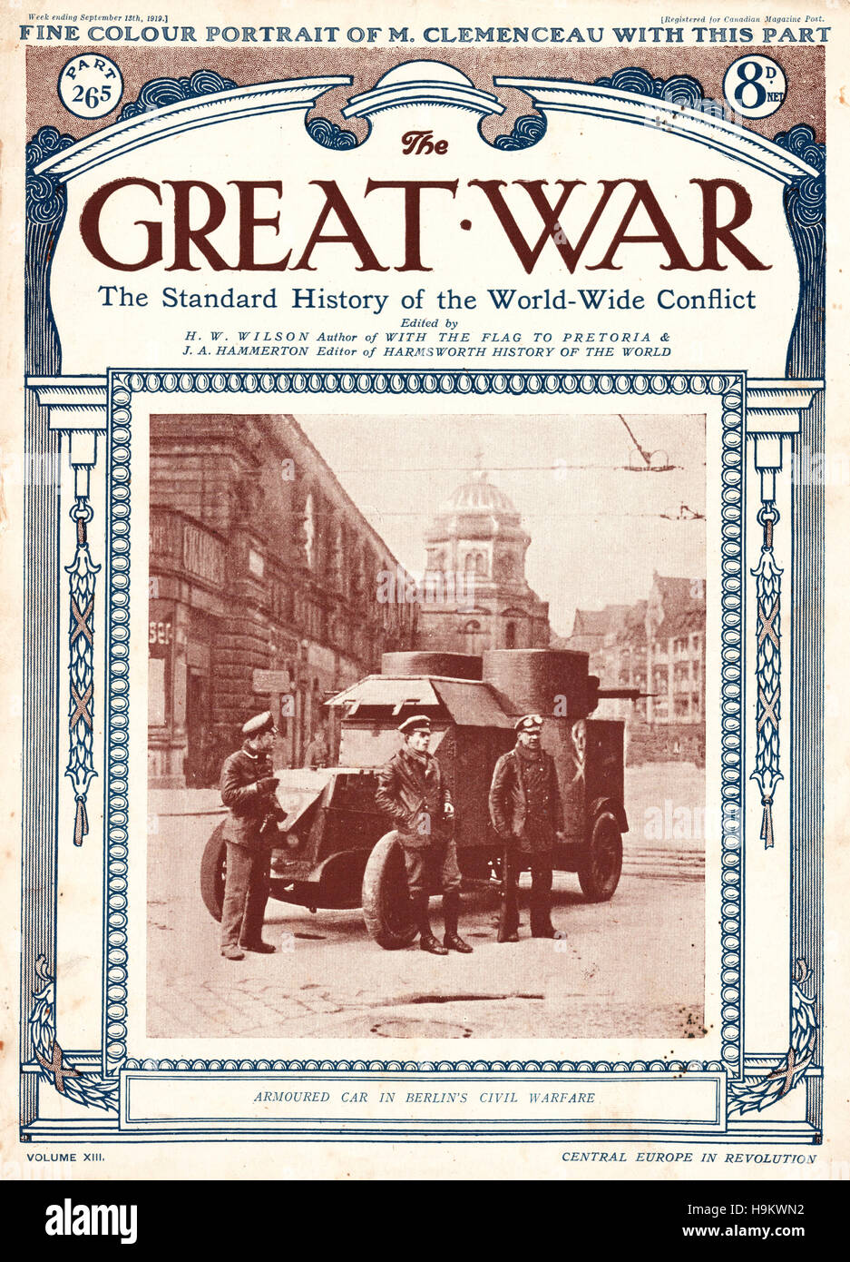 1919 The Great War front page Armoured car in Berlin during civil unrest Stock Photo