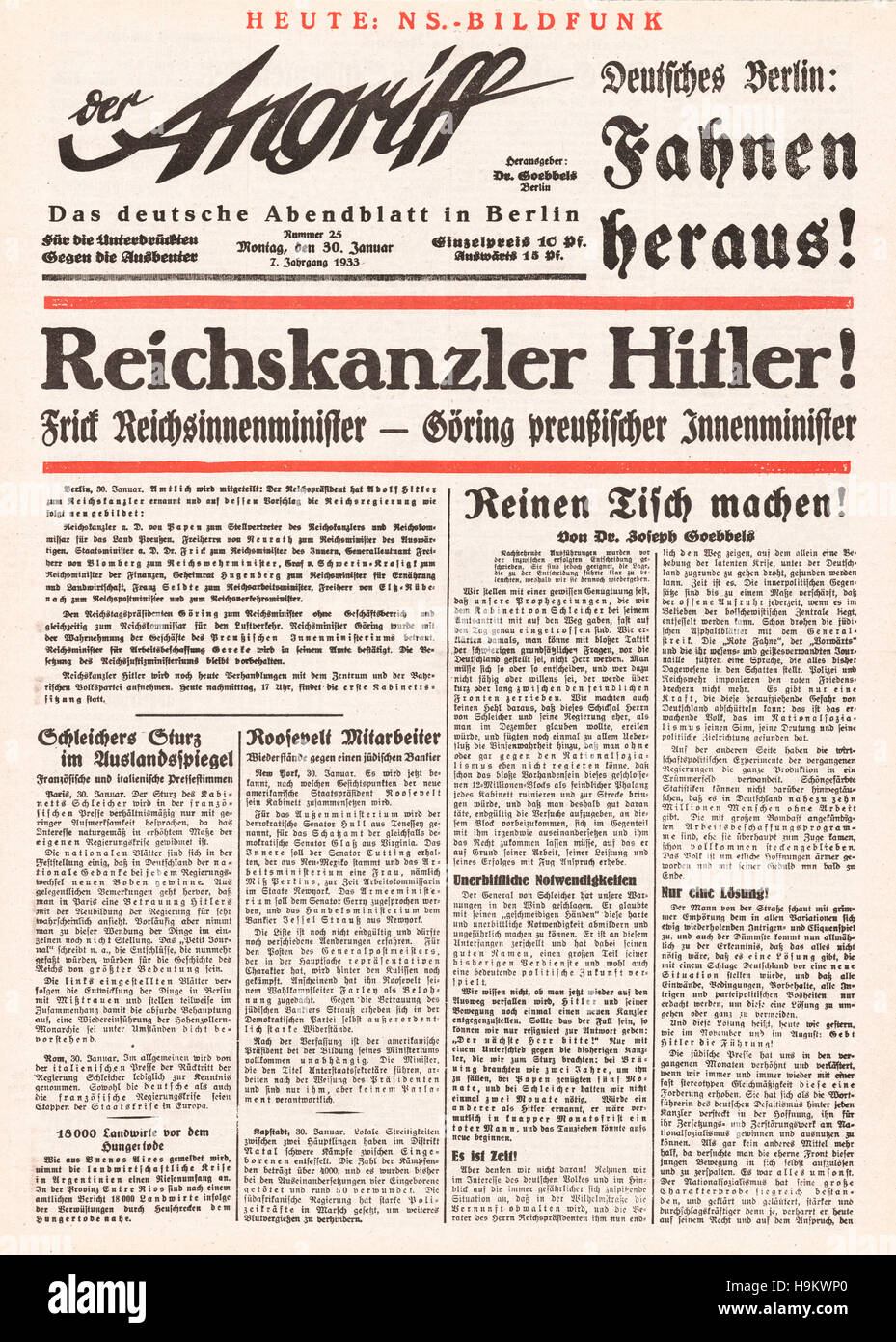 1933 Der Angriff front page (Germany) Adolf Hitler becomes Reichs Chancellor Stock Photo